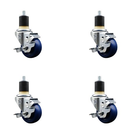Service Caster 3'' SS Solid Poly Swivel 1-7/8'' Expanding Stem Caster Set with Brake, 4PK SCC-SSEX20S314-SPUS-TLB-178-4